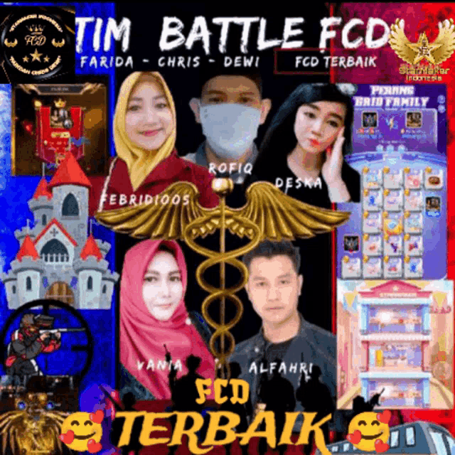 a poster for tim battle fcd with a caduceus