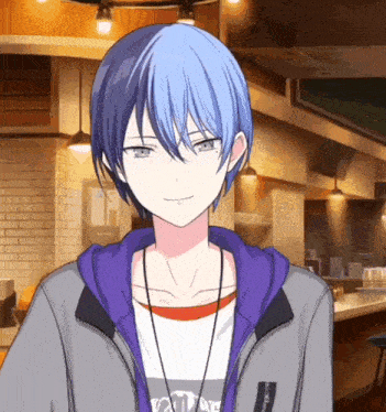 a boy with blue hair is wearing a purple jacket and a white shirt .