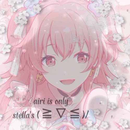 a girl with pink hair making a heart with her hands and the words " airi is only stella 's "