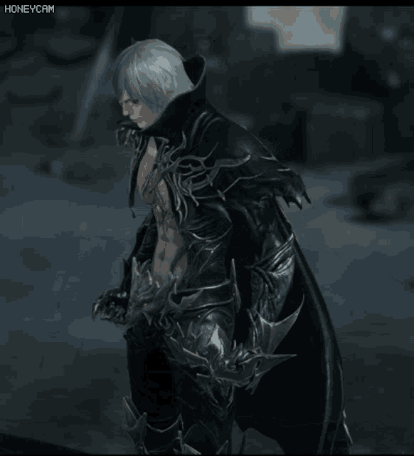 a man with white hair is standing in front of a honeycam