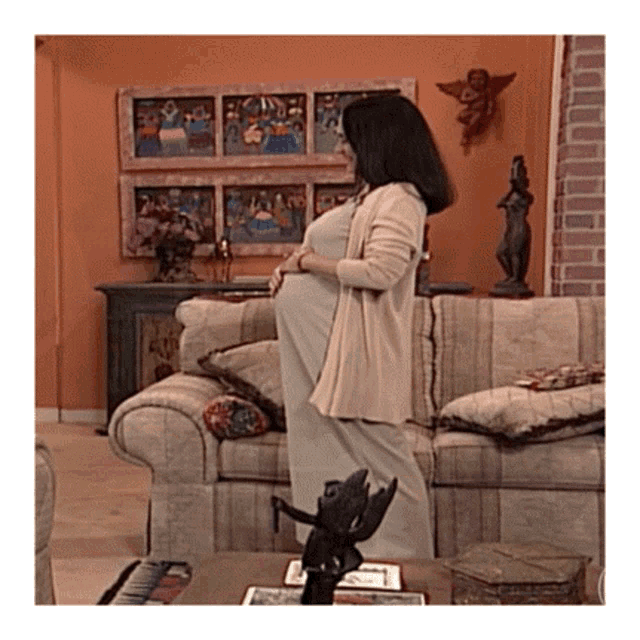 a pregnant woman is standing in front of a couch in a living room holding her belly .