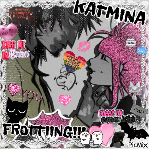 a picture of a boy and a girl kissing with katmina written on the bottom