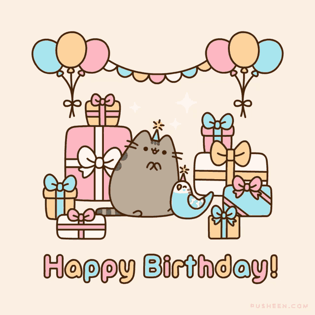 a birthday card with a cat and gifts and the words happy birthday