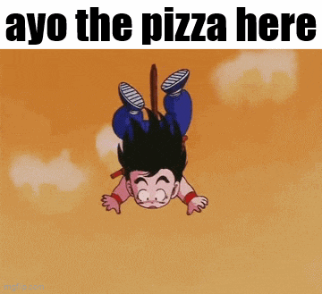 a cartoon character is flying through the air with the words ayo the pizza here .