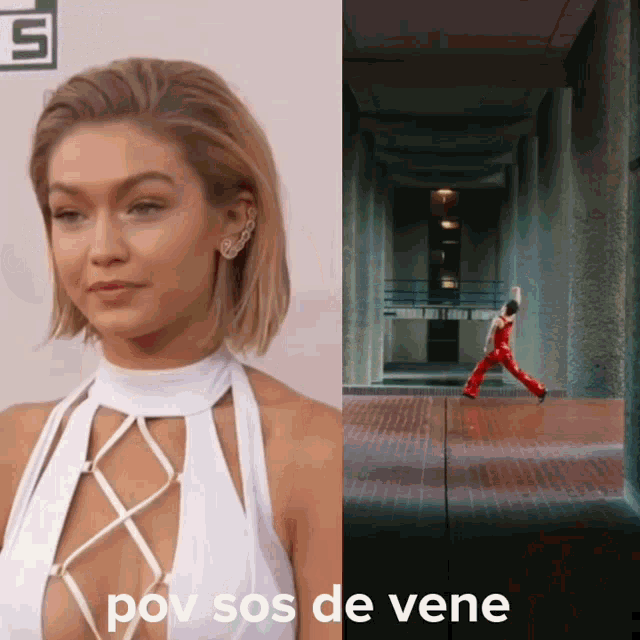 a woman in a white top is next to a picture of a man in red pants and the words pov sos de vene