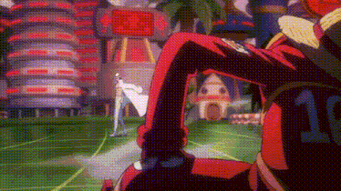 a cartoon character in a red suit with the number 10 on it is standing on a field .