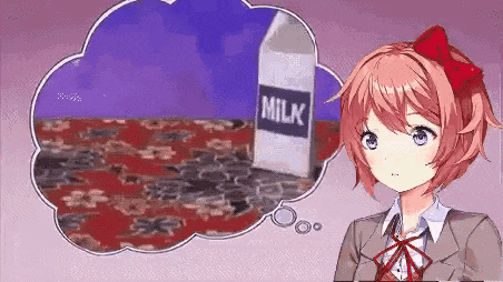 a girl in a suit is thinking about a carton of milk .
