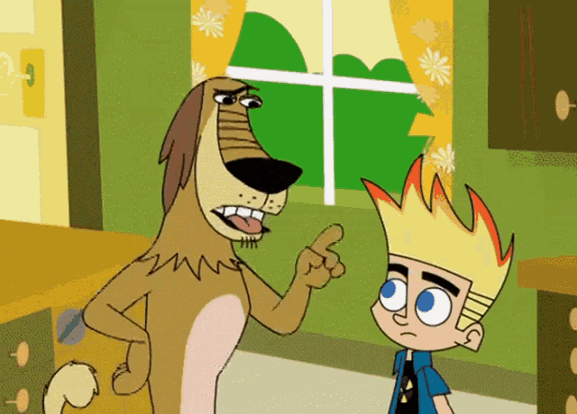 a cartoon of a dog pointing at a boy with flames on his head