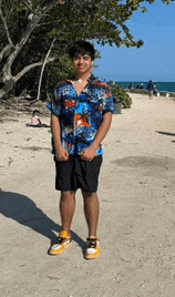a man in a blue shirt and black shorts stands on a beach