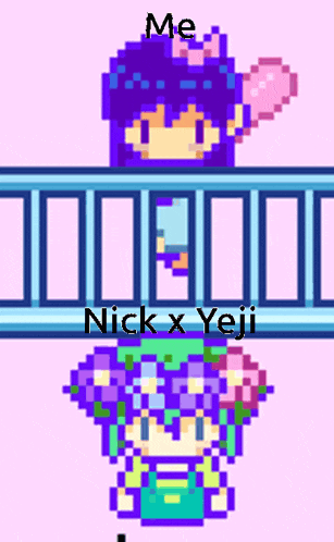 a pixel art of a girl holding a heart and the words nick x yeji on the bottom