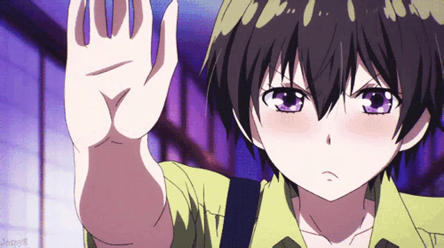 a boy with purple eyes and a green shirt is waving