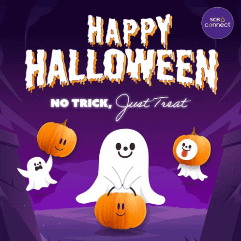 a happy halloween poster with ghosts and pumpkins on it