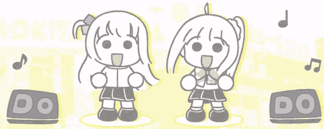 a drawing of two girls standing next to a box that says do on it