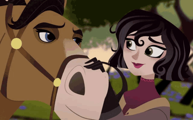 a cartoon girl standing next to a horse