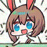 a cartoon character with bunny ears and blue eyes is sitting down .