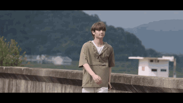 a young man in a green hoodie stands on a wall