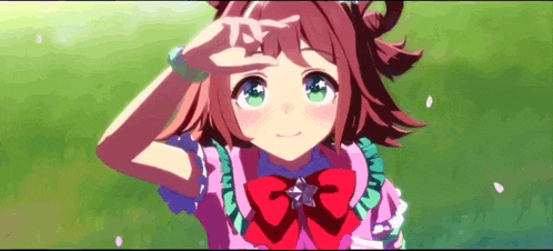 a cute anime girl with green eyes and a red bow is saluting .