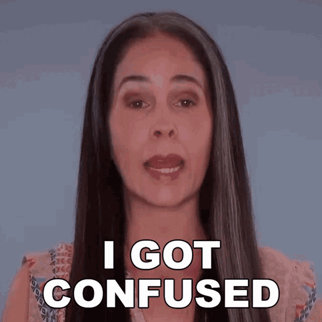 a woman says " i got confused " in front of a blue background