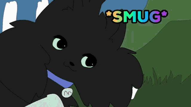 a cartoon drawing of a black cat with a blue collar and the words * smug * above it