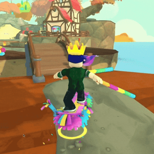 a cartoon character with a crown on his head rides a skateboard