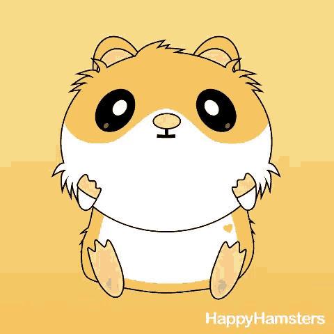a cartoon hamster with a surprised look on its face is sitting on a yellow background with the words happy hamsters below it
