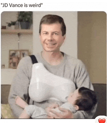 a man is holding a baby in a breast shaped carrier and the caption says " jd vance is weird "