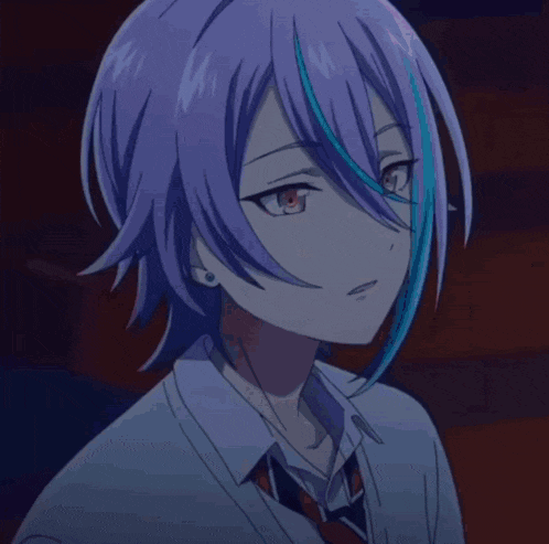 a close up of a person with purple hair and a white shirt and tie .