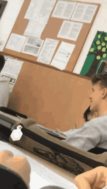 a boy sits in a classroom with a vans pencil case
