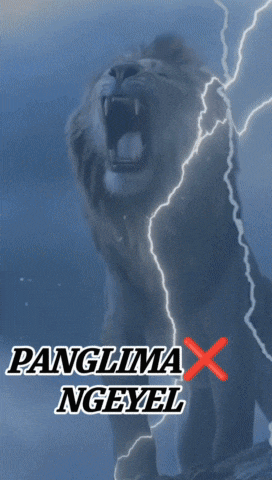 a lion with its mouth open and lightning strikes in the background