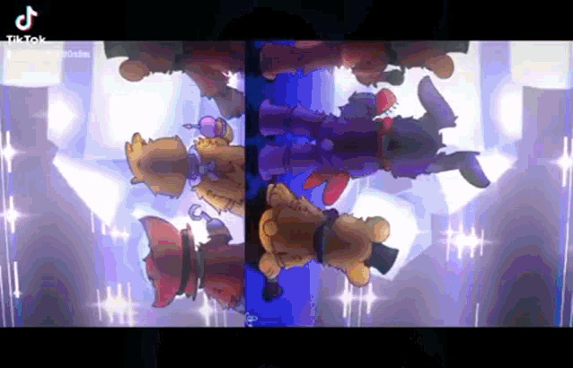 a group of cartoon characters are standing next to each other on a stage in a room .