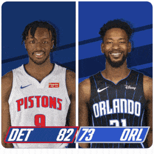 two basketball players from the pistons and orlando are on a blue background