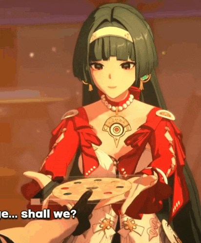 a girl in a red and white dress is holding a pizza in her hands with the words " shall we " below her