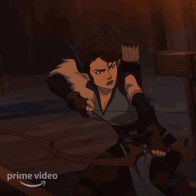 a cartoon drawing of a woman holding a bow and arrow with the word prime video below her