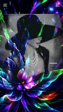 a woman wearing a black hat and a pearl necklace surrounded by colorful flowers