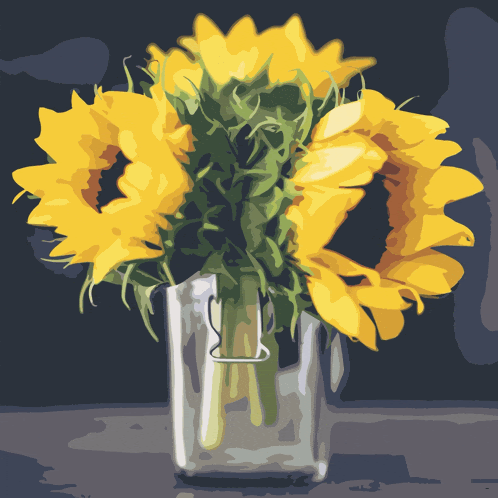 a drawing of sunflowers in a vase with a handle