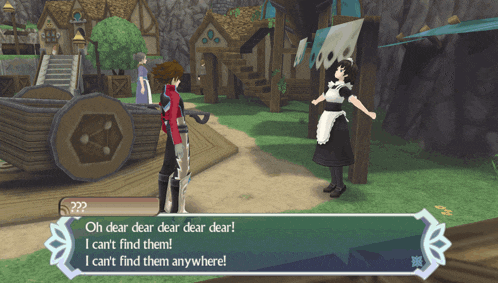 a video game screen shows a man and a maid talking to each other and says oh dear dear dear dear