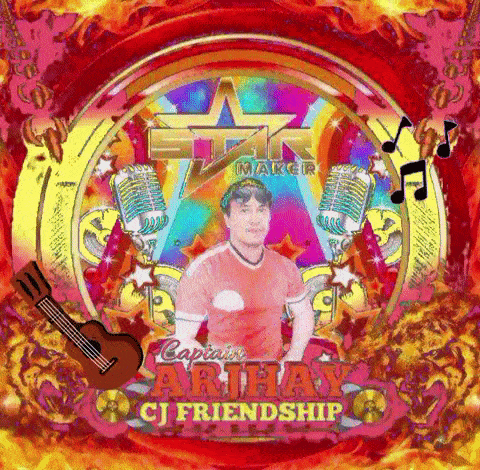 a man in a red shirt is standing in a circle with a guitar and the words captain arthay cj friendship on it