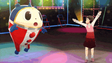 a girl is standing next to a stuffed animal that looks like a cartoon character
