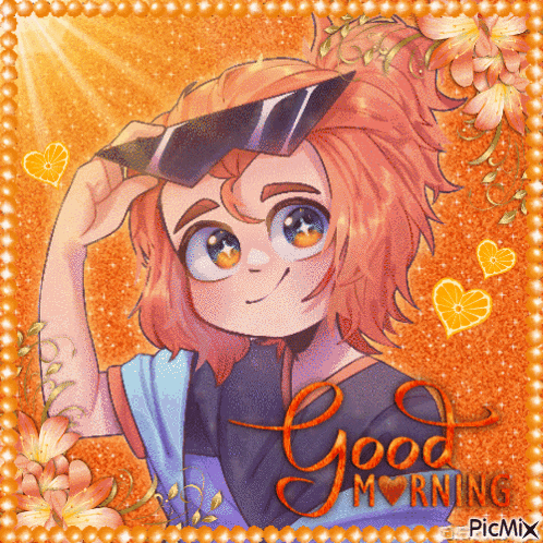 a picture of a girl with sunglasses and the words good morning on it