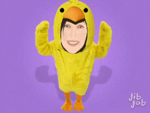 a woman in a chicken costume with jib jab written on the bottom right