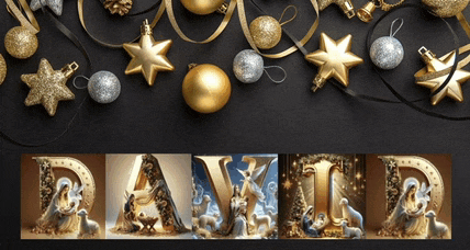 a nativity scene with the name david in gold letters