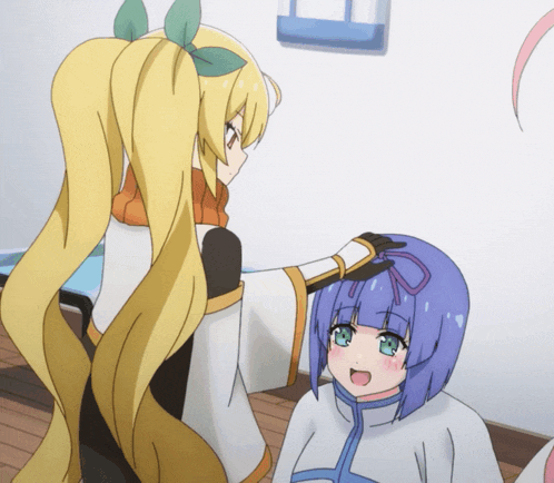 a girl with blue hair is being petted by another girl