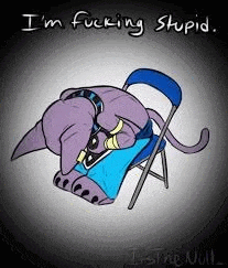 a cartoon of a dog laying on a chair with the words `` i 'm fucking stupid '' .