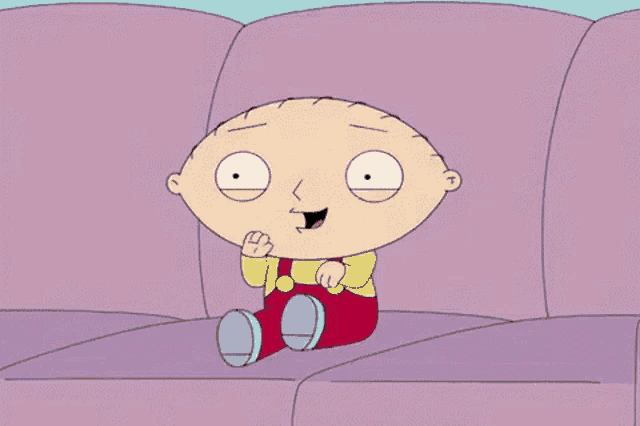 a cartoon character is sitting on a purple couch with his mouth open