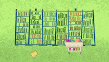 a cartoon drawing of a library with a green frog standing in front of the shelves