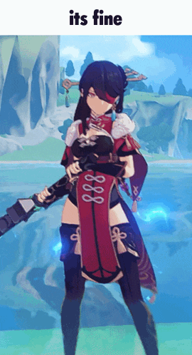 a girl in a red dress is holding a sword with the words it 's fine above her