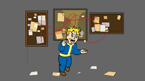 a cartoon drawing of a man standing in front of a bulletin board