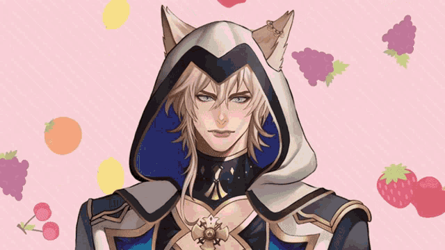 a drawing of a man with a hood and ears on a pink background