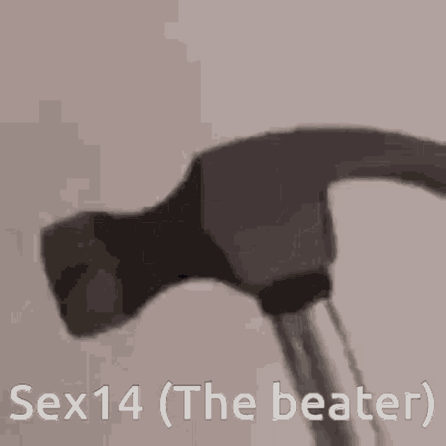 a close up of a hammer with the words sex14 ( the beater ) below it .