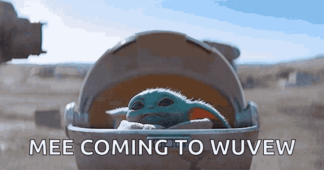 a baby yoda is sitting in a stroller with the words mee coming to wuvew written on the bottom .